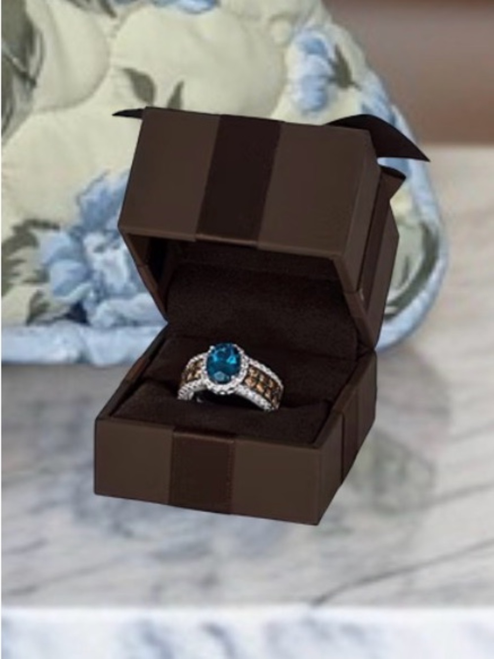 Le Vian Ring w/ London Blue Topaz, Chocolate and Nude Diamonds in Rose Gold